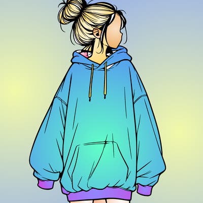 realistic girl with a oversized sweatshirt on and a bun