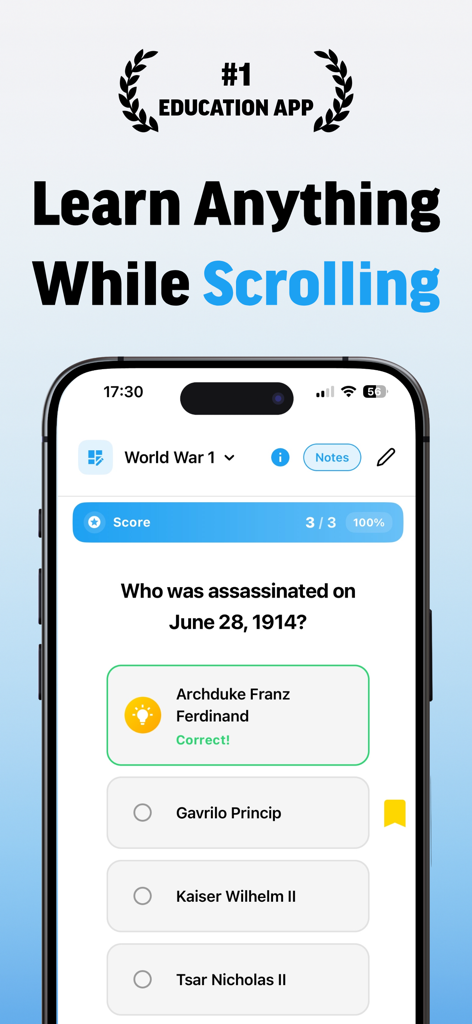 A history quiz on the ScrollToStudy mobile app showing a multiple choice question about World War 1 with the correct answer selected