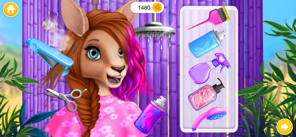 Kangaroo character Sydney getting a colorful hair makeover in Animal Hair Salon Australia.