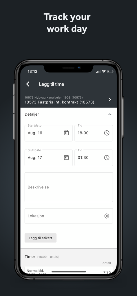 Mobile Worker - Interface of the Mobile Worker app for logging work hours and project details.