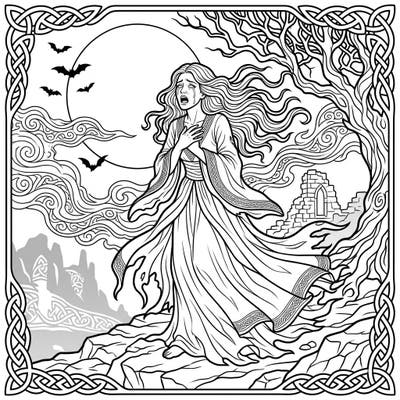 Step into the mystical world of Irish folklore with this enchanting banshee coloring page. Featuring a wailing spirit amidst a Celtic-inspired landscape, it's perfect for adult and teen colorists.