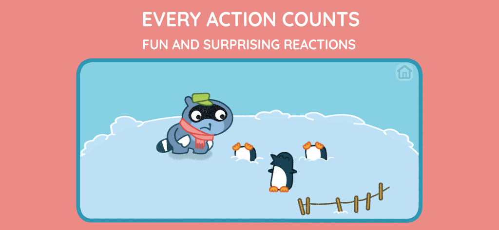 Personagem Pango o guaxinim usando um cachecol enquanto ajuda pinguins em um ambiente nevado.