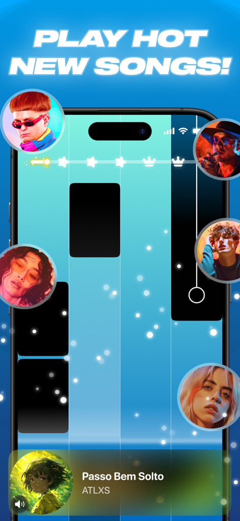 Mobile rhythm game interface for Tiles Pop featuring falling tiles and hot new songs text