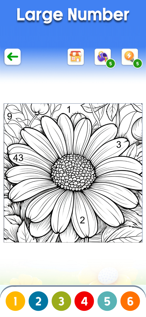 Schnittstelle eines digitalen Malbuchs, die eine Gänseblümchenzeichnung mit nummerierten Abschnitten zum Malen nach Zahlen zeigt