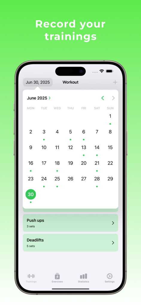 GymTrack: Workout Tracker - L'interface de l'application GymTrack affichant un calendrier mensuel minimaliste avec des points verts indiquant les jours d'entraînement complétés et une liste d'exercices spécifiques.
