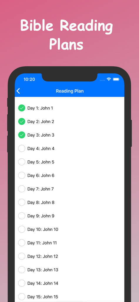 Interfaz de la aplicación Biblia para Mujeres mostrando una lista de verificación del plan de lectura diario para el Libro de Juan