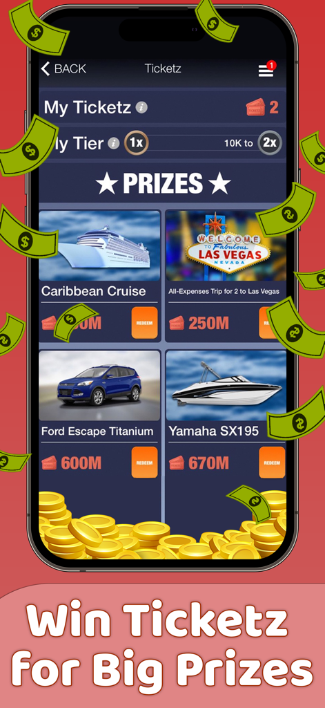 Quezztion: Real Money Trivia - Écran de trivia Quezztion montrant de gros prix comme des croisières et des voitures échangeables avec des Ticketz.