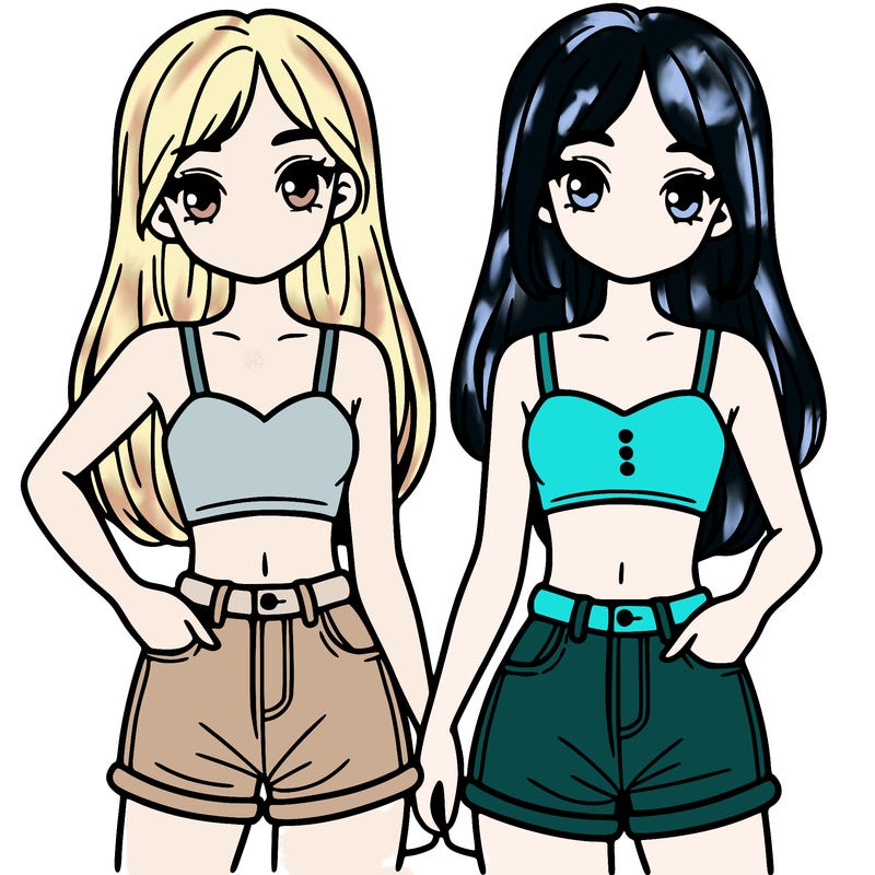 two sisters with crop tops and jean shorts and straight hair