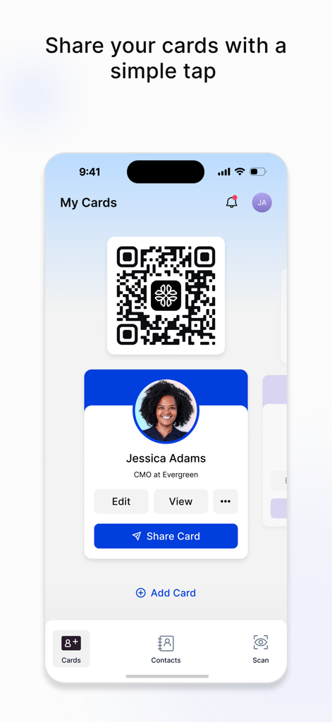 Uniqode: Digital Business Card - Interface of the Uniqode app showing a digital business card with a QR code and contact information for Jessica Adams.