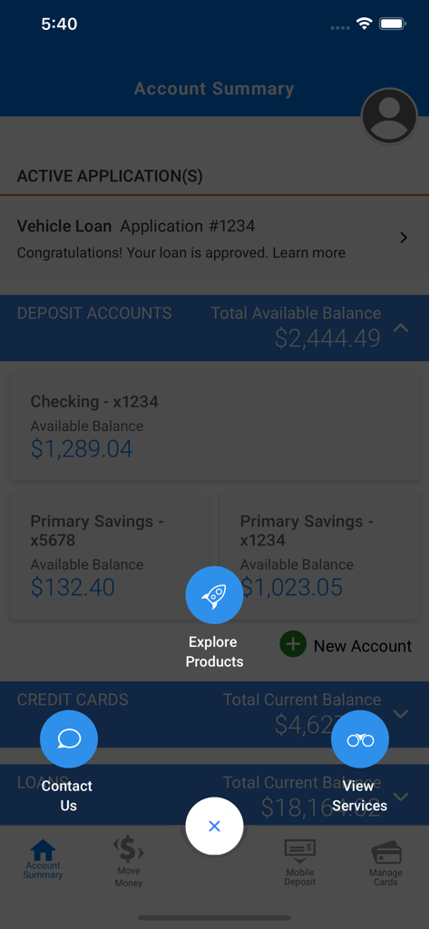 RBFCU - RBFCU mobile app dashboard showing account balances and an approved vehicle loan application status