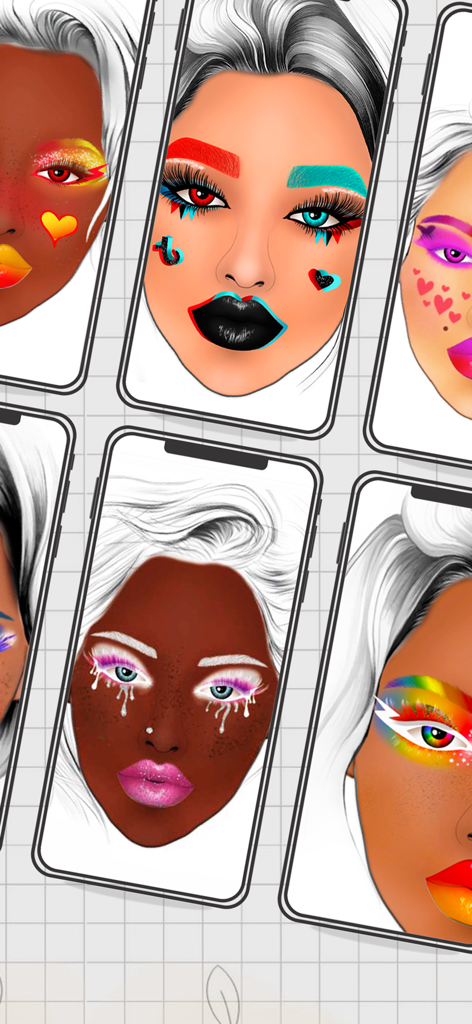 Múltiples pantallas de smartphones mostrando diseños diversos y artísticos de cartillas faciales de maquillaje con colores vibrantes y tonos de piel inclusivos.