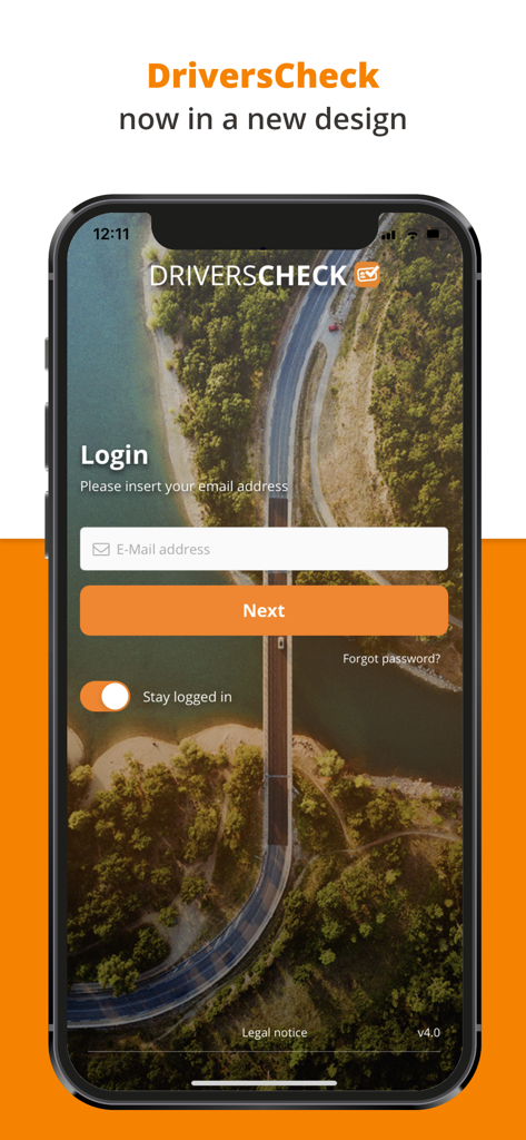 DriversCheck - DriversCheck app login screen featuring an email input field and an orange next button over a background of a winding forest road
