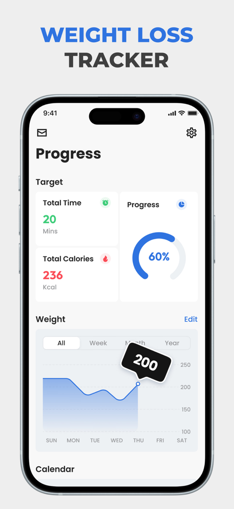 A mobile interface showing weight loss tracking with exercise progress and a weight history chart for seniors