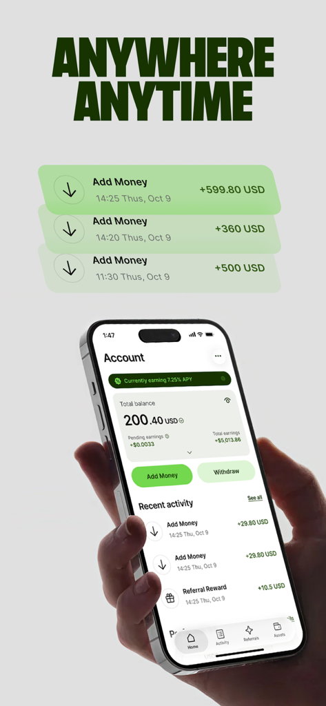 Rise: Global Savings & Wallet - Smartphone displaying the Rise app account dashboard with total balance and 7.25 percent APY