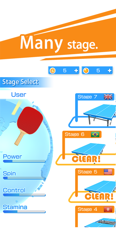 Table Tennis 3D game stage selection screen showing racket stats and international levels