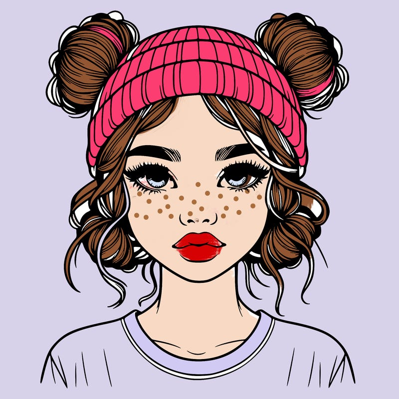 realistic girl with buns in her hair with a beanie on