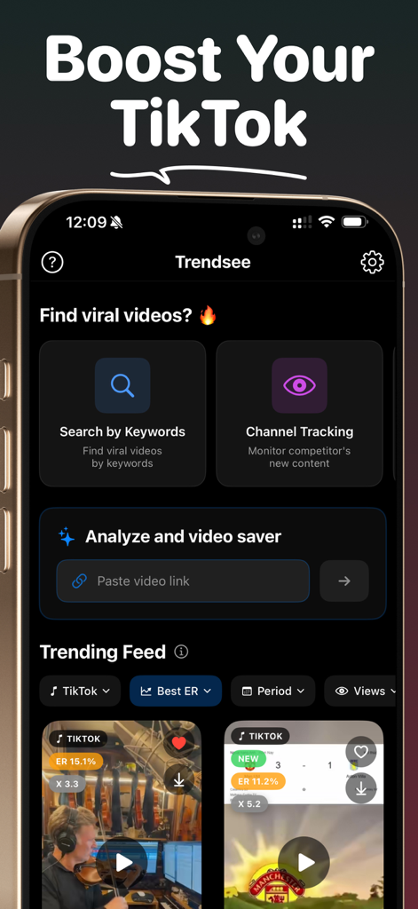 Trendsee: Go Viral - Trendsee app dashboard showing options to find viral videos by keywords track competitor channels and view trending feeds with engagement analytics