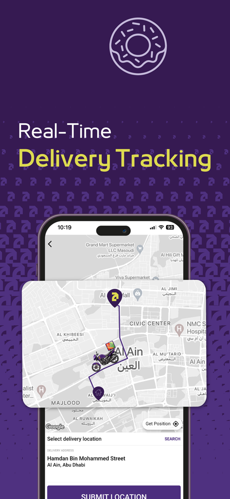 ADCOOP - ADCOOP-App-Bildschirm, der die Echtzeit-Lieferverfolgung mit einer Karte und einem Kuriersymbol anzeigt
