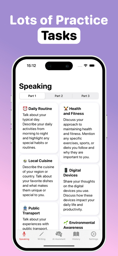 A mobile app screen showing various IELTS speaking practice tasks like daily routine and health and fitness