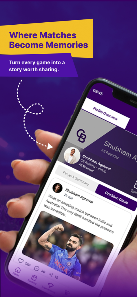 CrickBro - Cricket Scoring App - Smartphone showing the CrickBro app player profile and social feed with cricket match updates