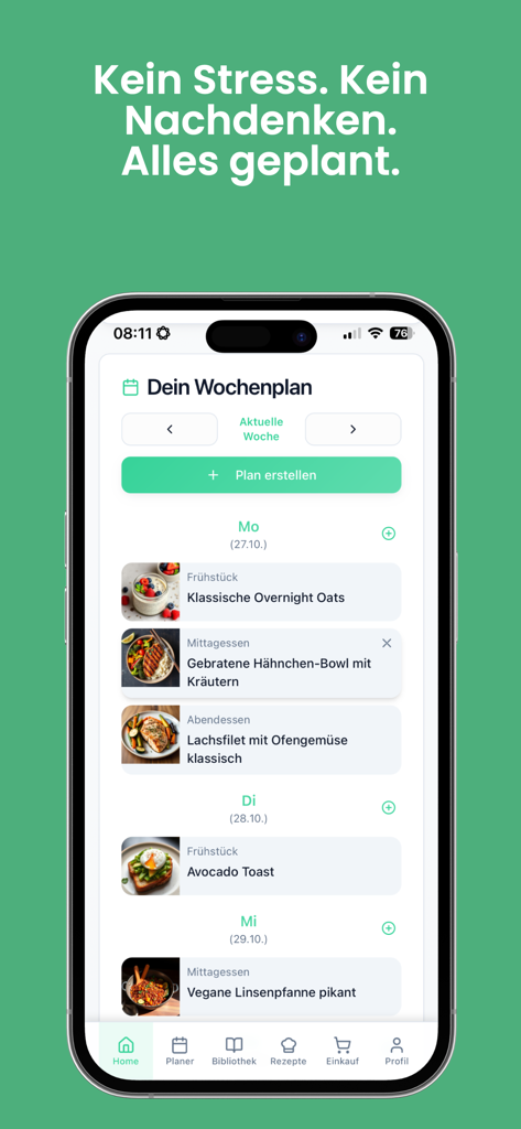 Meal Plan - Dein Essensplaner - A mobile app interface displaying a weekly meal plan with healthy recipes and food photos