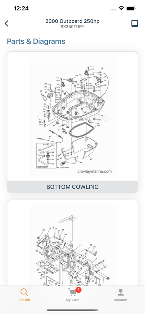 Crowley Marine - Detailed outboard motor parts diagrams for a bottom cowling on the Crowley Marine mobile app