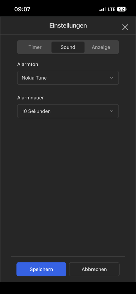 Kitchen-Timer Pro - Kitchen-Timer Pro app settings screen for selecting alarm tone and sound duration