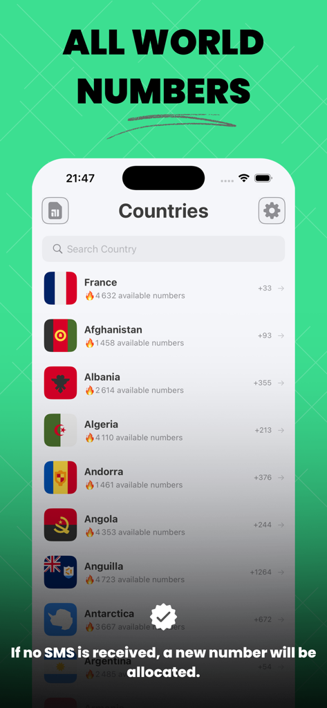 SMS認証用の国際仮想電話番号のリストを表示するインターフェイス