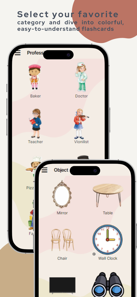 Flashcards World - Educational flashcards app screens showing professions and everyday objects categories for kids learning