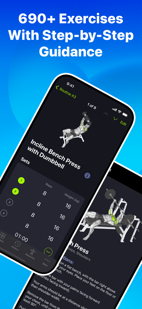 SmartGym app interface showing incline bench press with sets and reps tracking