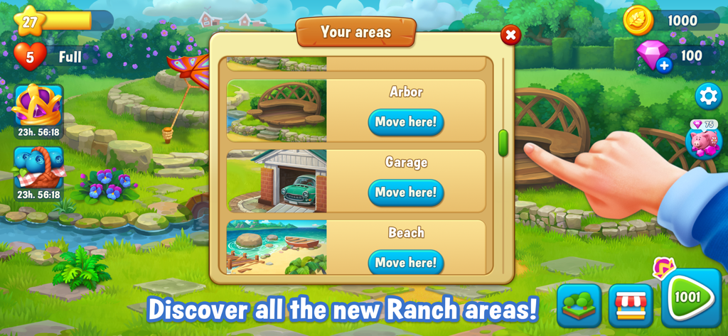 Ranch Adventures - A menu showing unlockable ranch areas like arbor garage and beach in the Ranch Adventures game