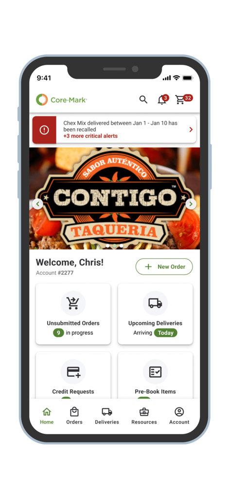 Écran d'accueil de l'application Core-Mark CustomerFirst affichant le statut des commandes et les mises à jour de livraison