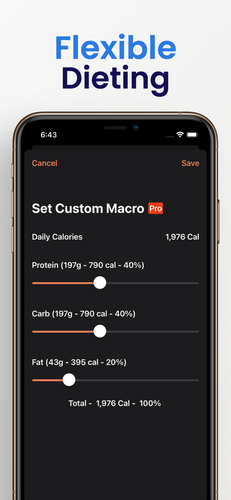 Food Diary - Lilbite - Interfaz de la aplicación Lilbite para establecer objetivos personalizados de macronutrientes y calorías utilizando controles deslizantes en modo oscuro