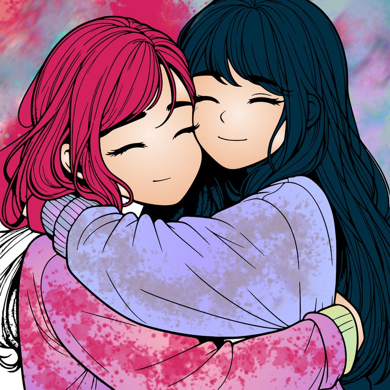 realistic two girls hugging