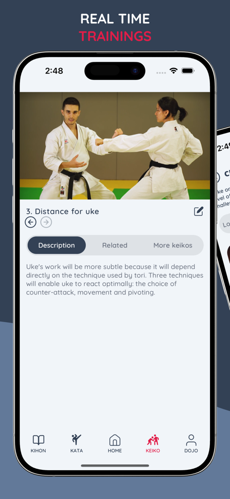 Karate Sensei, Video learning - Karate Sensei app displaying a real time training video for karate practitioners