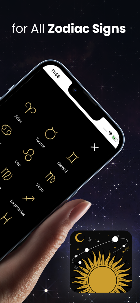 Tela de um smartphone mostrando símbolos do zodíaco dourados em um fundo escuro para todos os signos astrológicos.