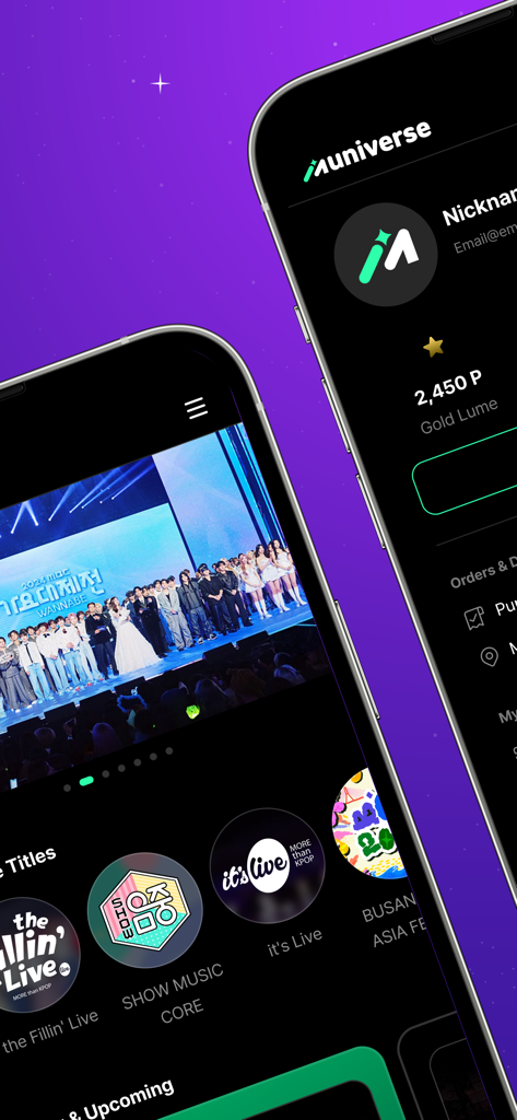 MUNIVERSE app interface showing K-pop concert streaming and user profile features
