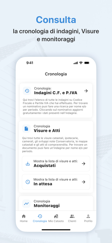 Interface of the Whuis app showing the history of investigations, property certificates, and monitoring.