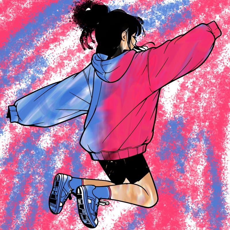 realistic girl jumping with a bun and oversized sweatshirt
