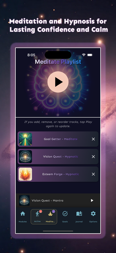 Inner.codes: Program Your Mind - Interfaz de la lista de reproducción Meditar de la aplicación Inner.codes con sesiones de audio para la confianza y la programación de la mentalidad.