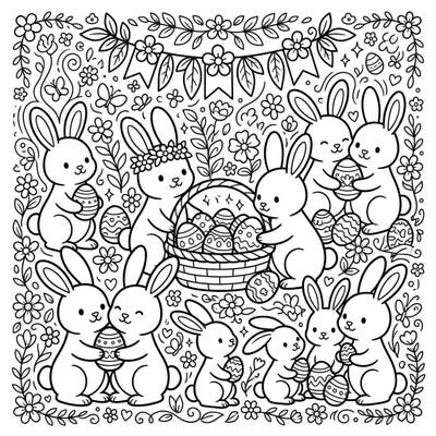 Celebrate the spirit of Easter with this delightful coloring page, featuring a vibrant community of adorable bunnies sharing joy and decorated eggs. This heartwarming scene promotes social harmony and the togetherness of spring, inviting you to add your unique touch of color.