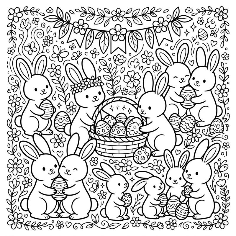 Celebrate the spirit of Easter with this delightful coloring page, featuring a vibrant community of adorable bunnies sharing joy and decorated eggs. This heartwarming scene promotes social harmony and the togetherness of spring, inviting you to add your unique touch of color.