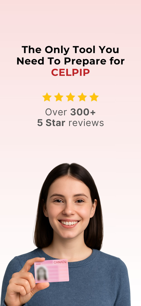 カナダ永住権カードを手に笑顔の女性、CELPIPテスト準備アプリの5つ星評価が表示されている。