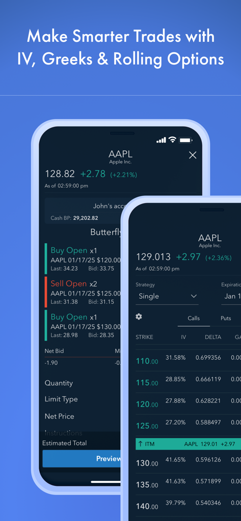 Interface de l'application Firstrade affichant des fonctionnalités avancées de trading d'options, y compris les Grecs, l'analyse IV et la stratégie papillon pour l'action AAPL.