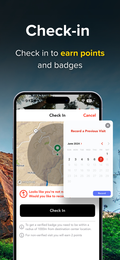 Mobile screen of the Chimani National Parks app showing the check-in interface with a map and calendar to earn points and badges.