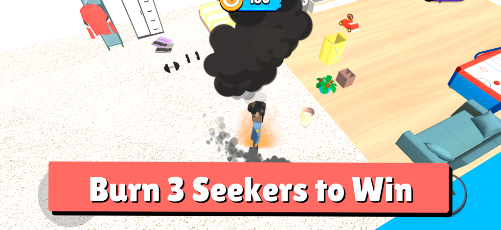 In-game screenshot of Wheres Potato showing the goal to burn three seekers to win