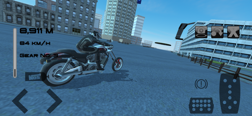 Fast Motorcycle Driver - A 3D motorcycle simulation game showing a rider on a cruiser bike in an urban city environment