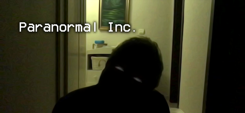 Paranormal Inc. - A dark shadowy figure with glowing white eyes captured on a grainy CCTV camera feed in a hallway.