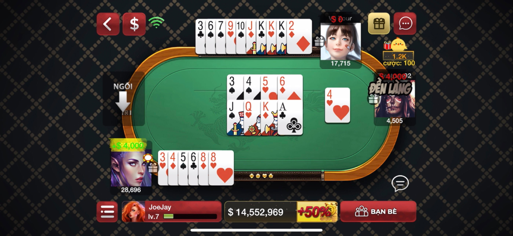 Sanh Rong - Game danh bai - Sanh Rong mobile app interface showing a traditional Vietnamese card game being played at a green table