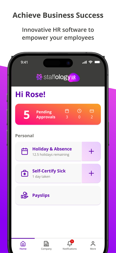 Tela inicial do aplicativo Staffology HR para funcionários mostrando saldo de férias e contracheques.